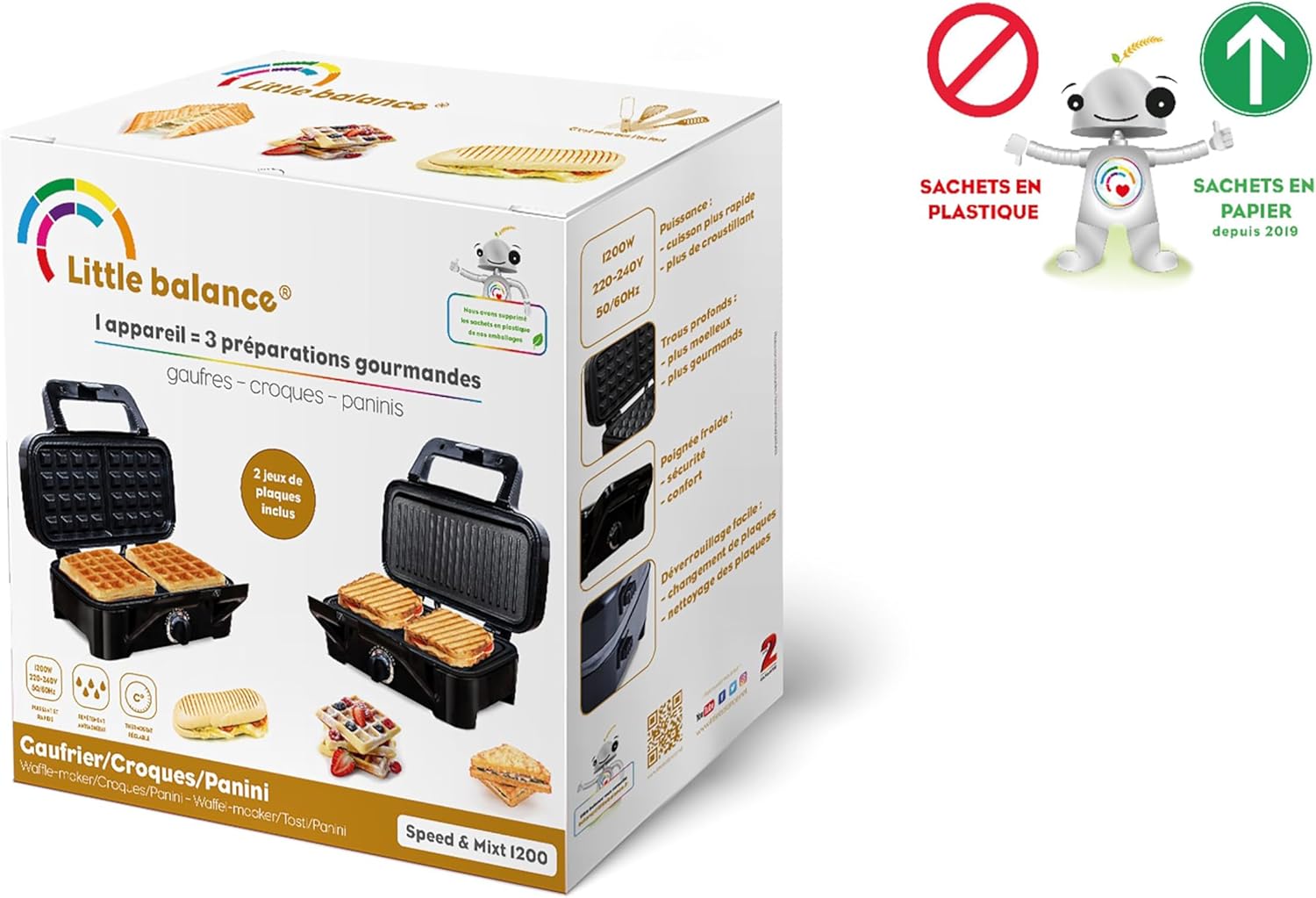 Little Balance - gaufrier/grill 2en1 inox, 1200W, plaques amovibles, 8368