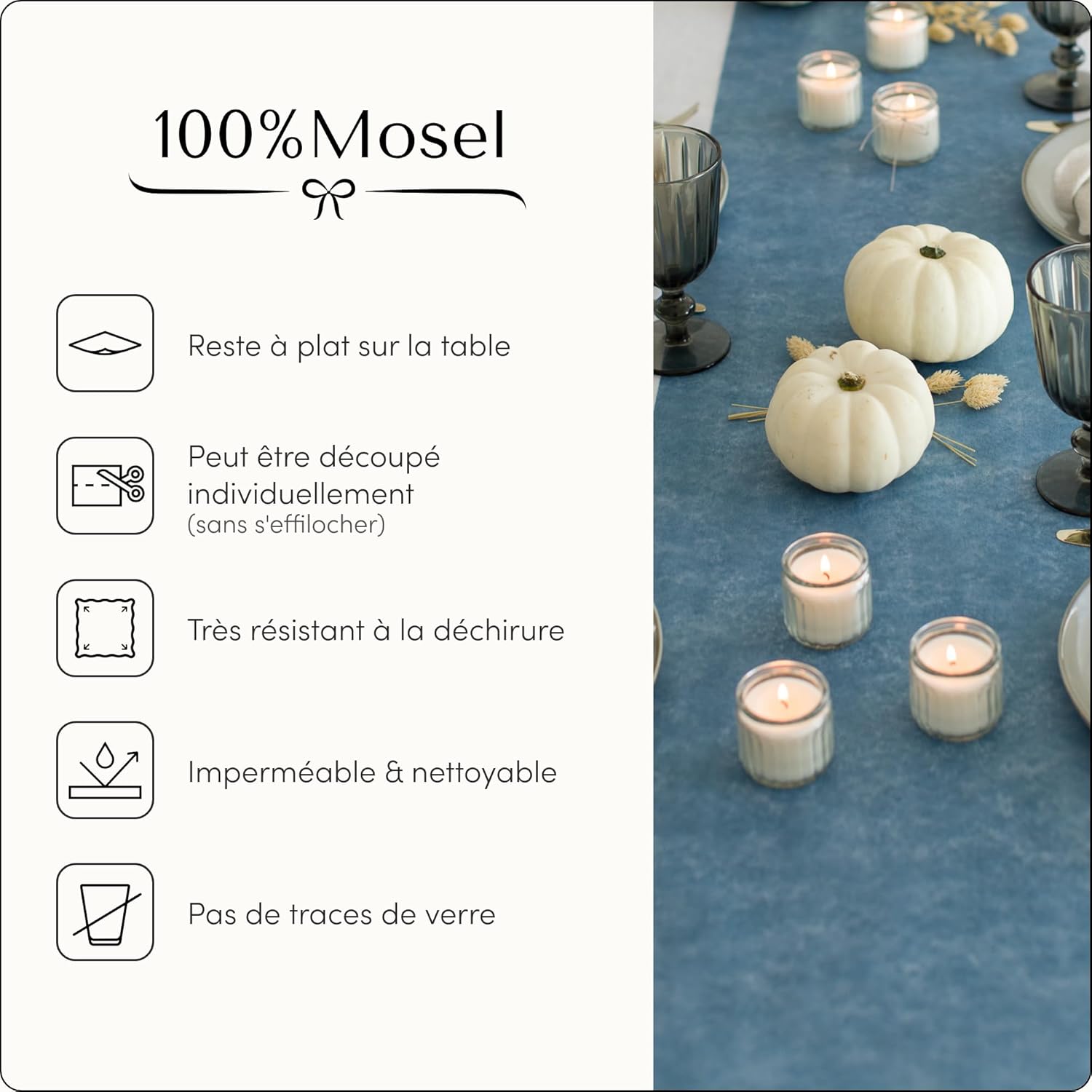 100%Mosel - Chemin de Table Non-tissé - 30x2500cm - Bleu fumeux, décoratif