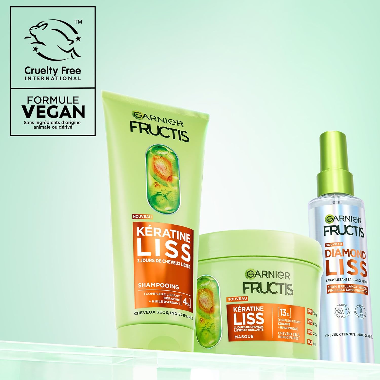 Garnier - Fructis Kératine Liss - routine 3 soins lissants, kératine végétale, huile d'argan, anti-frisottis