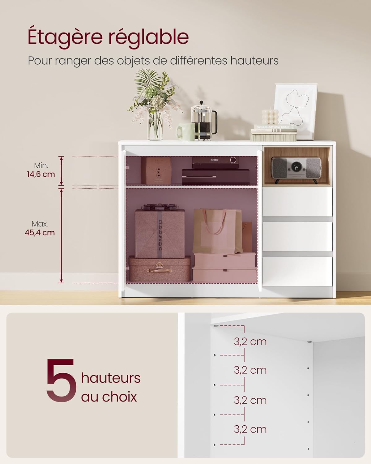 VASAGLE - Kailyn - 103,3x40x74,5 cm - buffet 3 tiroirs, étagère réglable BBK273W21V1