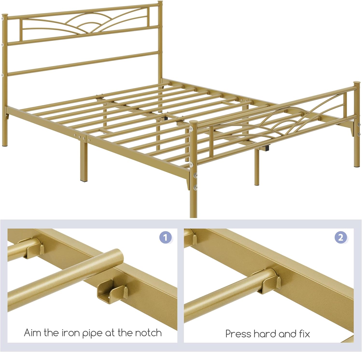 Yaheetech - lit double métal - 140x200cm - montage facile, or antique