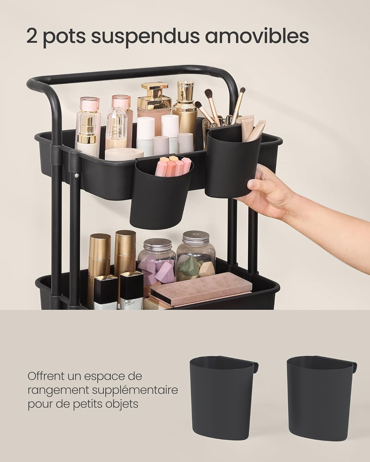 SONGMICS - Chariot 4 niveaux, roulettes, poignée, 2 pots, freins, 59x39x86 cm - BSC077BZ01