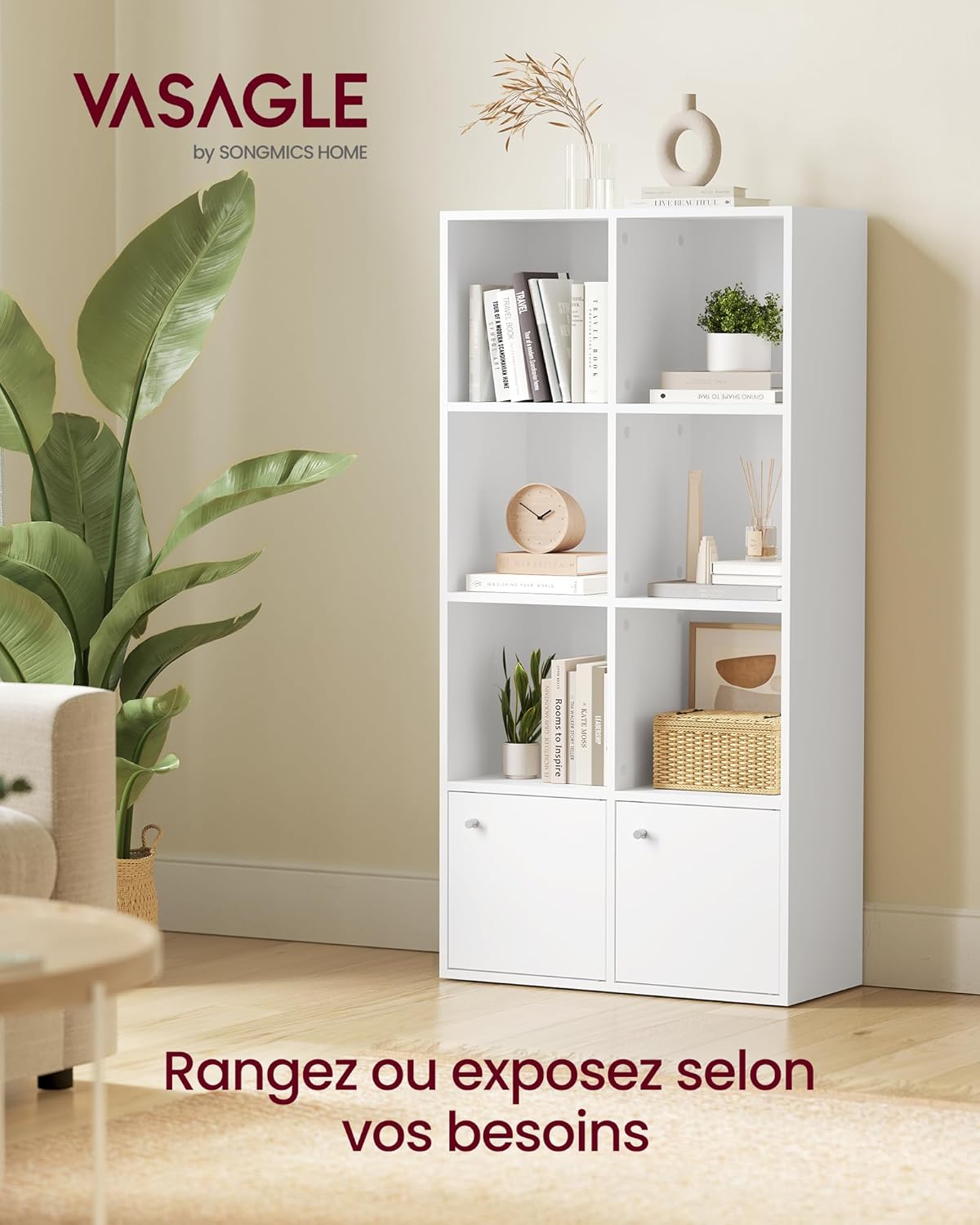 VASAGLE - Bibliothèque (serie LB) - 29x65,8x130cm - 4 niveaux, 2 placards, blanc LBC508WB01