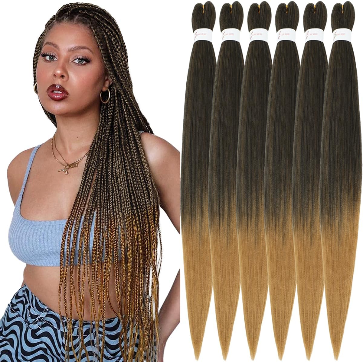 Rajout cheveux tressés - 30 pouces - ombre blond/noir, kanekalon synthétique, 6 paquets - T1B/27#