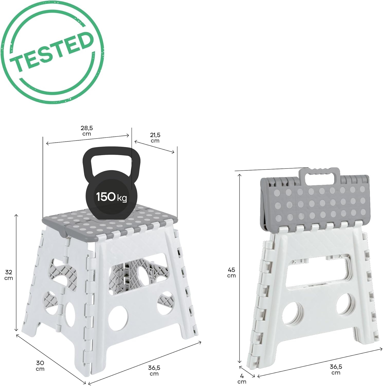Arregui - Tabouret pliant série TB - 32 cm - blanc/gris, compact, TB-032-GB