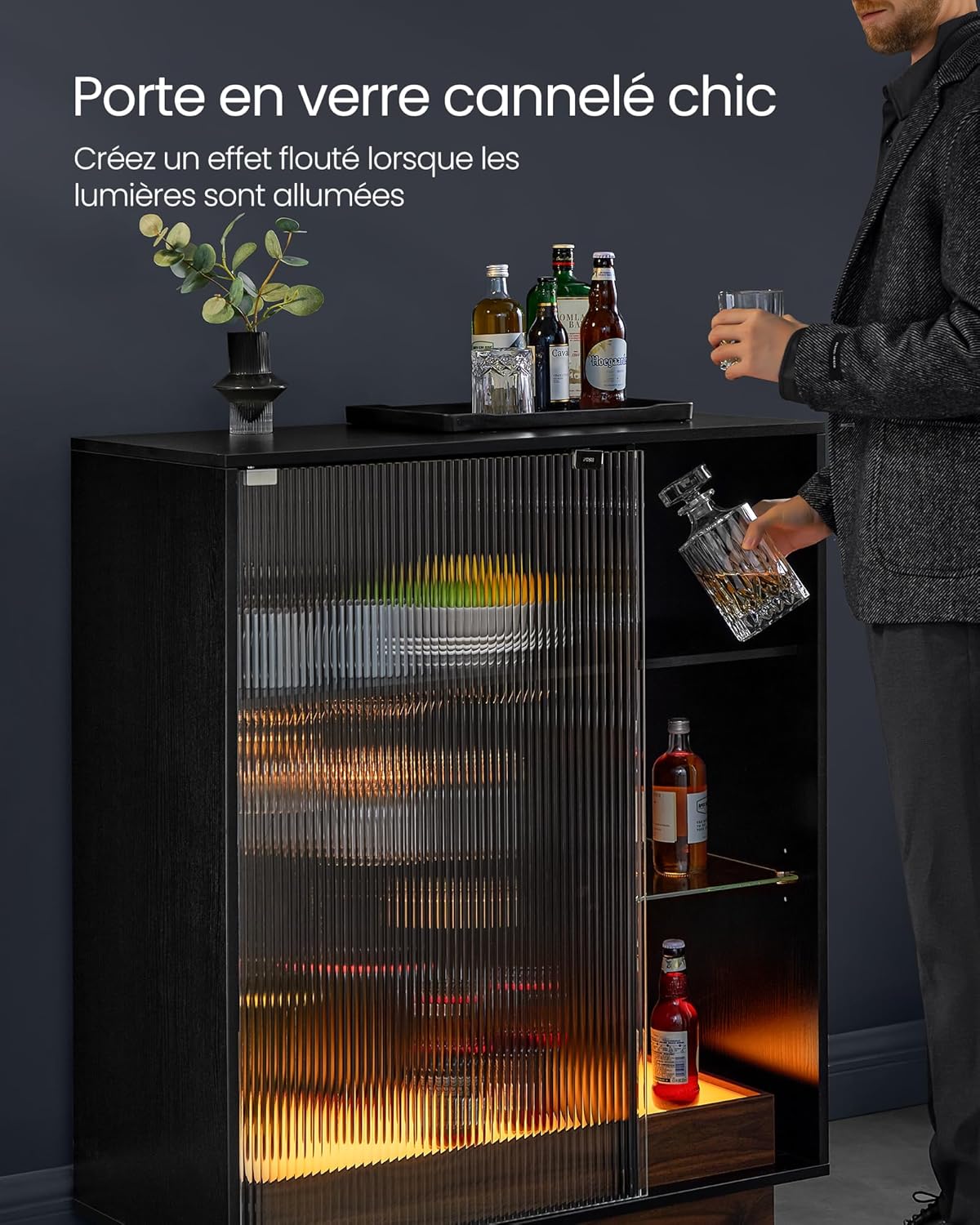 VASAGLE - bar à vin LED, porte-verre, porte vitrée, 100x40x80 cm - BBK361B21