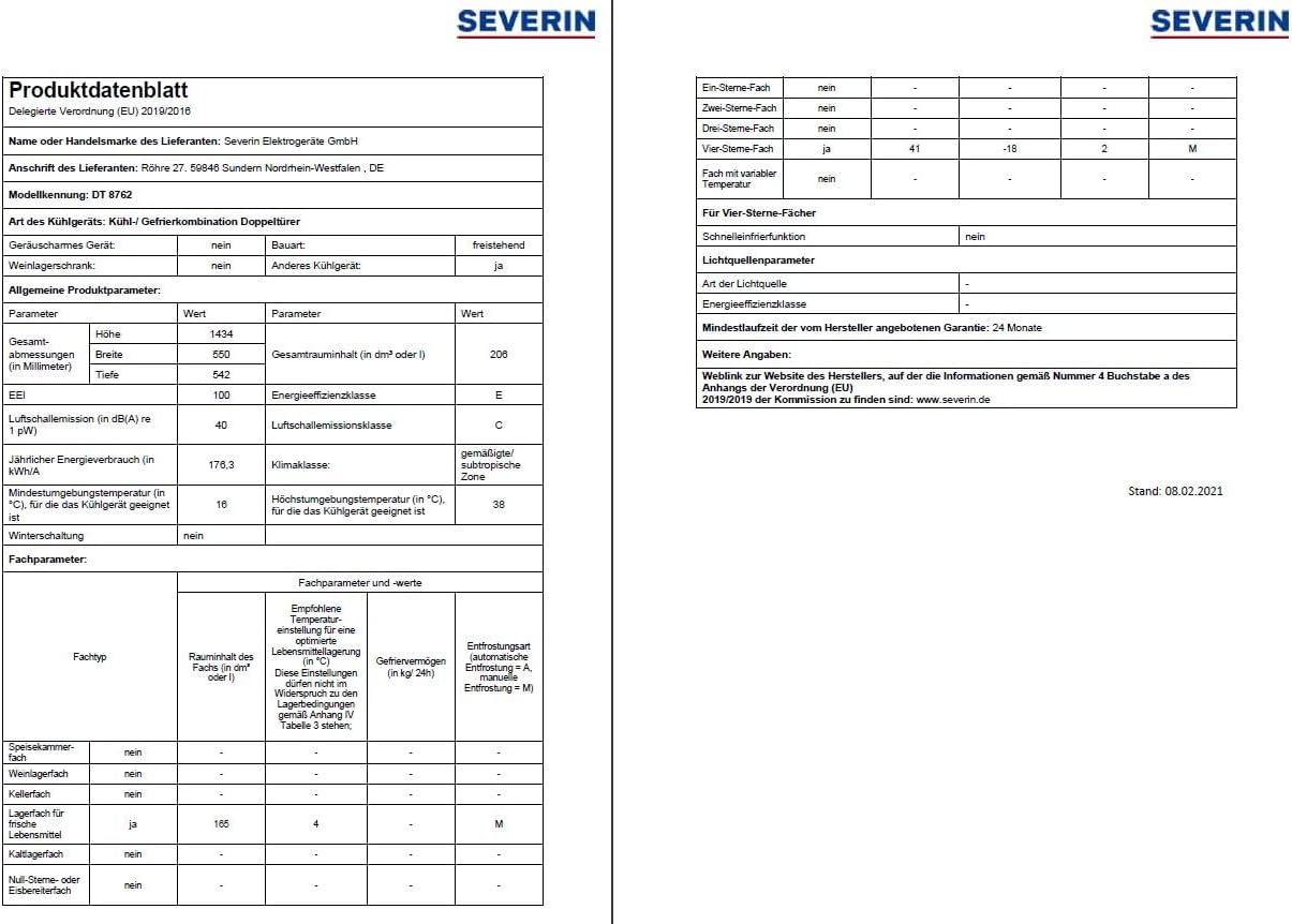 Severin - réfrigérateur-congélateur série DT - 206L, noir, autoportant, classe E - DT8762