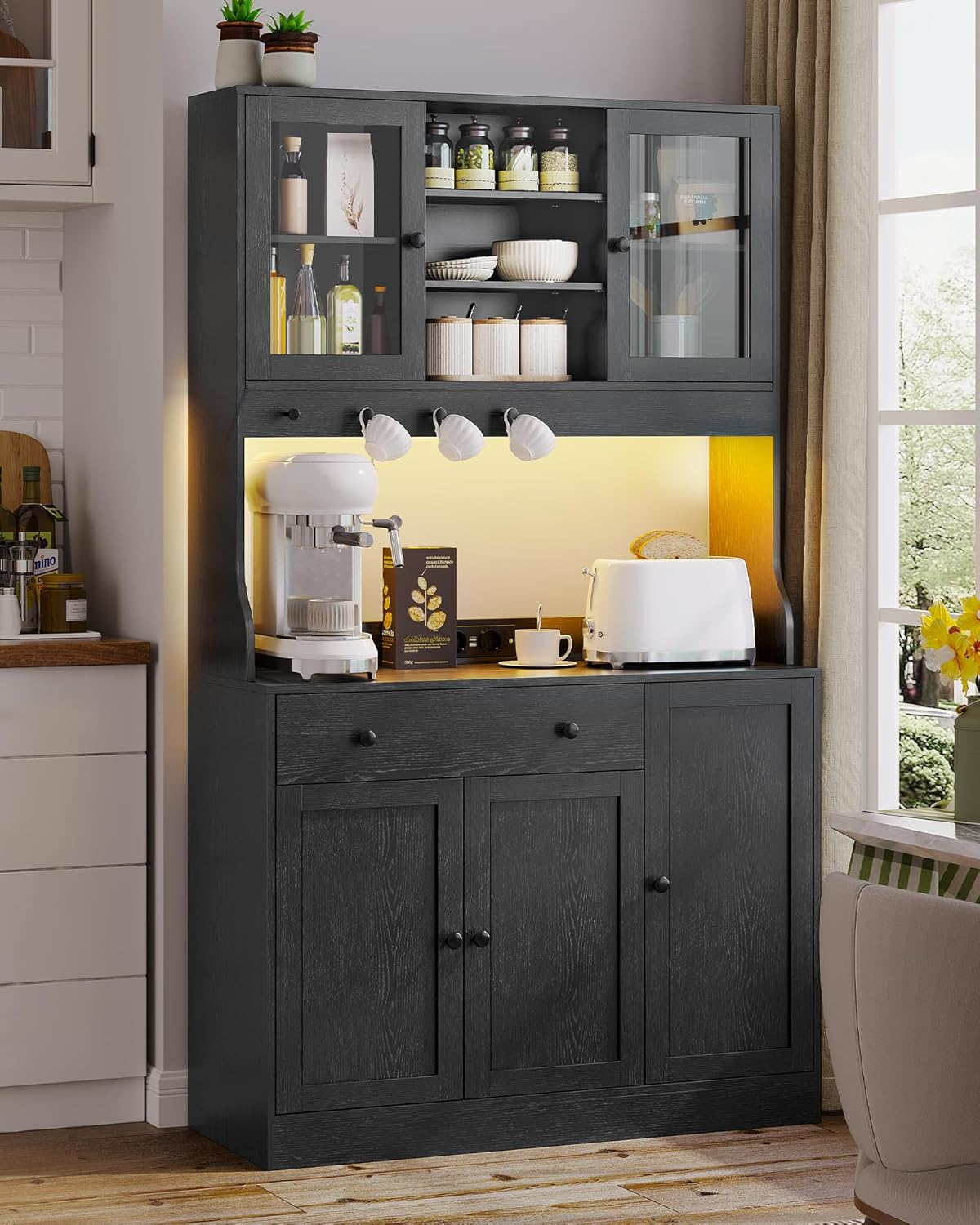 Meuble buffet cuisine - 103,5x40x180 cm - LED, multiprise, rangements