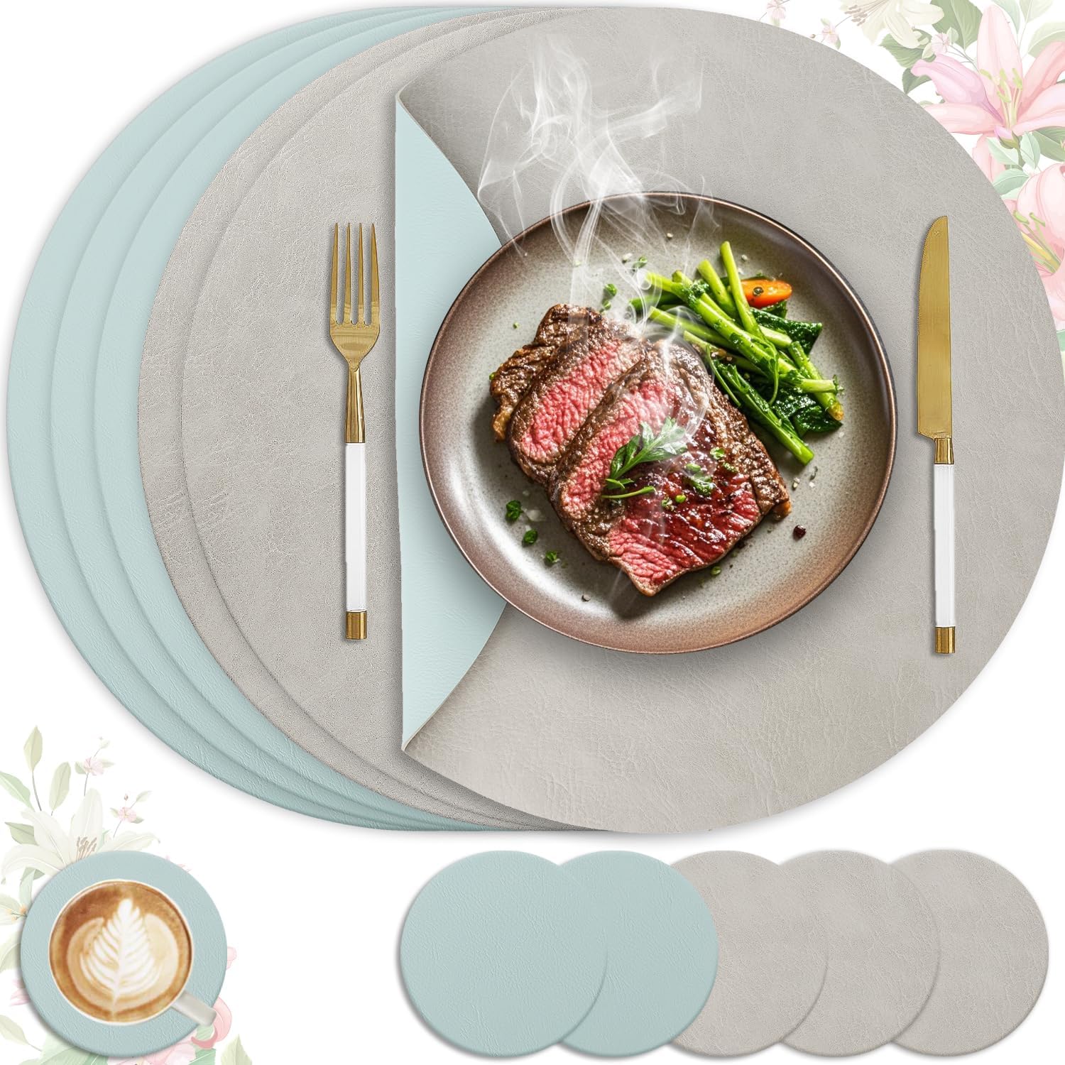 Set de table - lot de 6 rond 36x36cm, lavable, antidérapant, PU double face