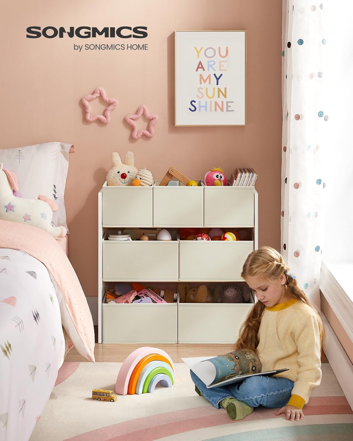 SONGMICS - étagère à jouets enfants, 29,5x62,5x60 cm, 7 bacs tissu, blanc nuage GKR034W10