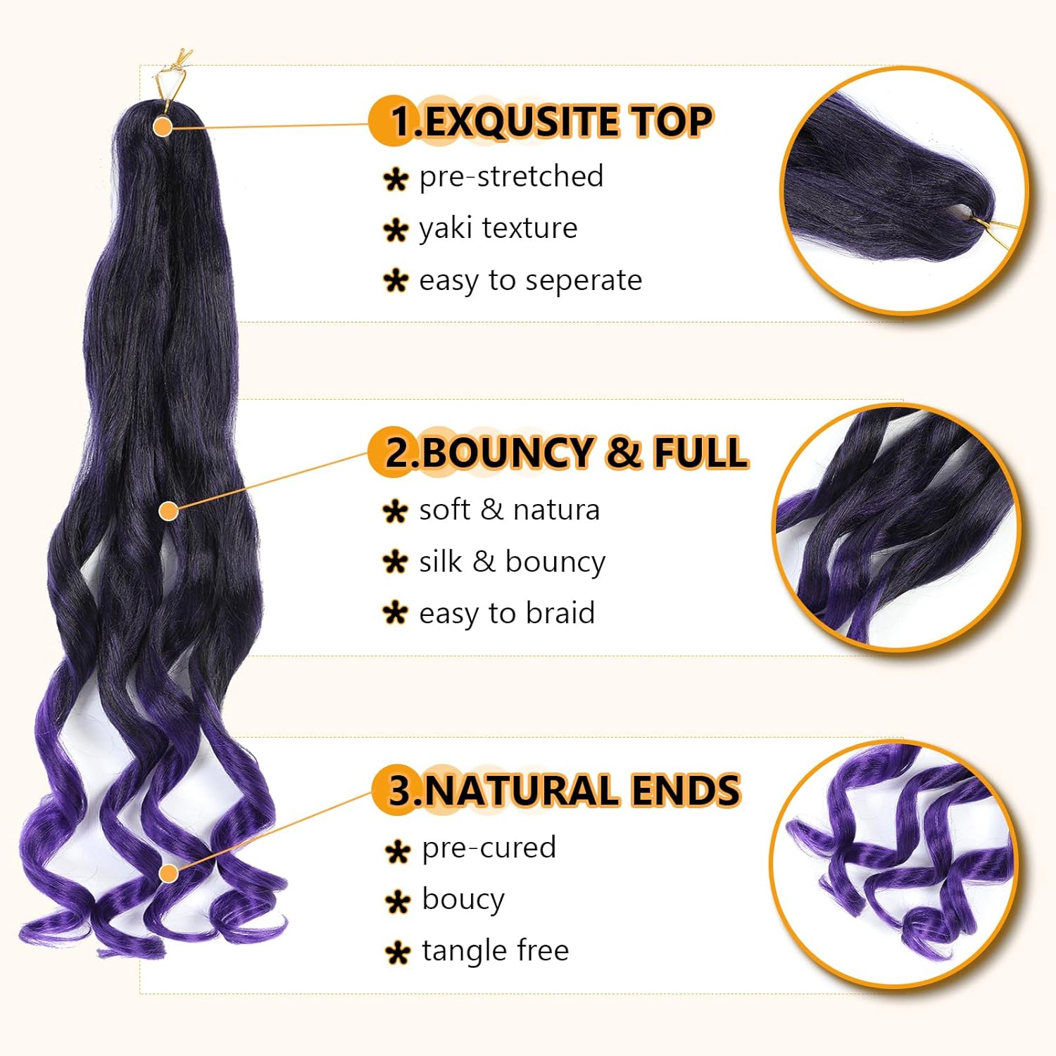 French Curl Braids - tresses afro bouclées 41cm, 8 paquets, 1B/Purple