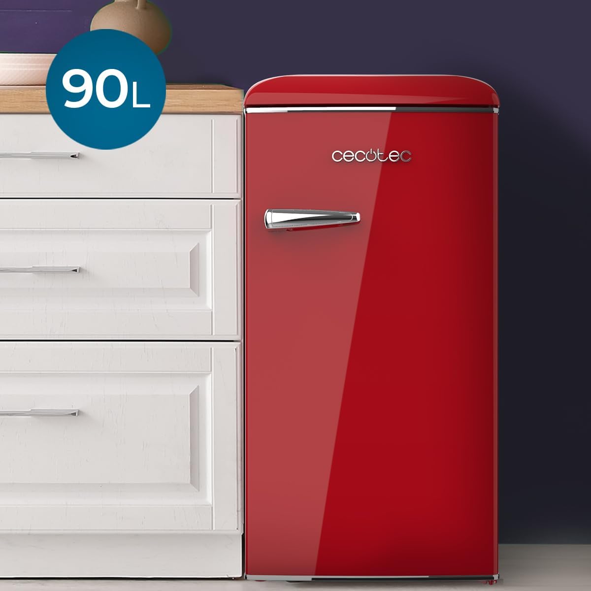 Cecotec - Bolero CoolMarket TT Origin 90 - 90L - Mini frigo rétro avec ICEBOX, LED, poignée chromée, ouvre-bouteilles