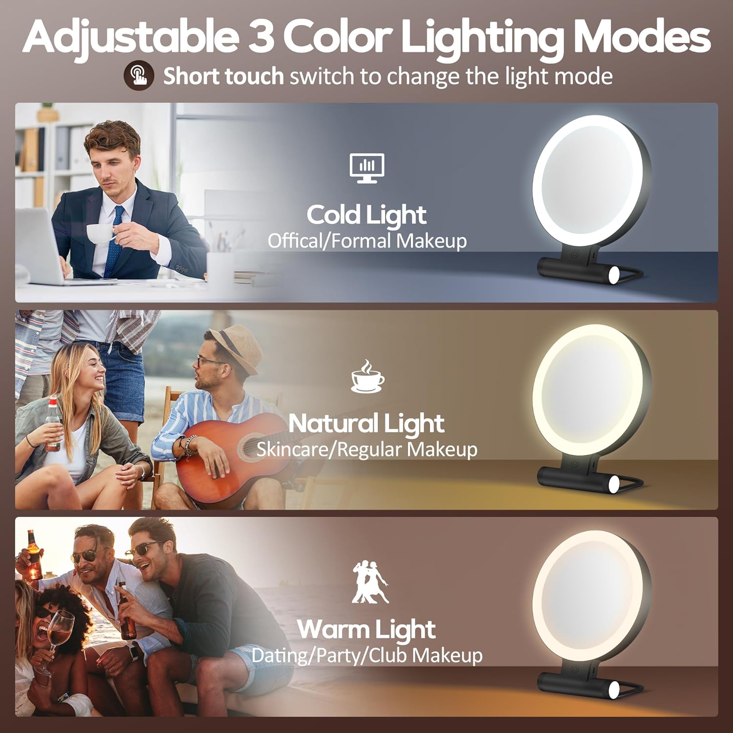 Miroir de maquillage - double face 1X/30X, 2000mAh, 3 lumières, compact