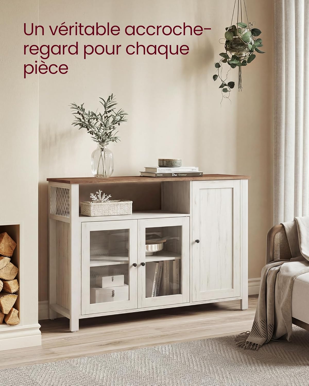 VASAGLE - Buffet série rustique - 33x110x75 cm - 3 portes, marron miel, blanc rustique - LSC096WJ02