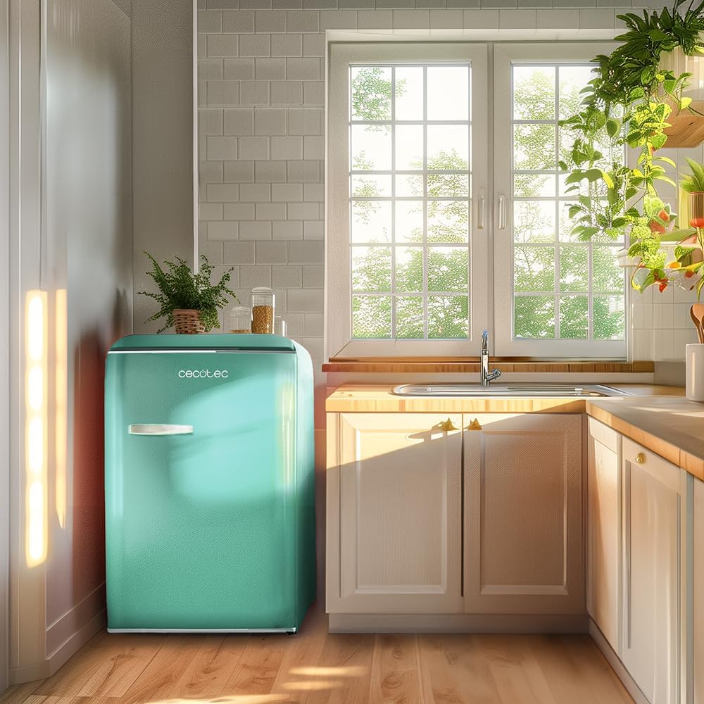 Cecotec - Bolero CoolMarket TT Origin - 110L - mini frigo rétro vert, éclairage LED, poignée chromée, ICEBOX, classe E, 