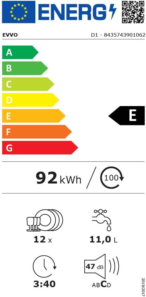 EVVO - D1 - 60 cm - 12 couverts, 5 programmes, plateau réglable