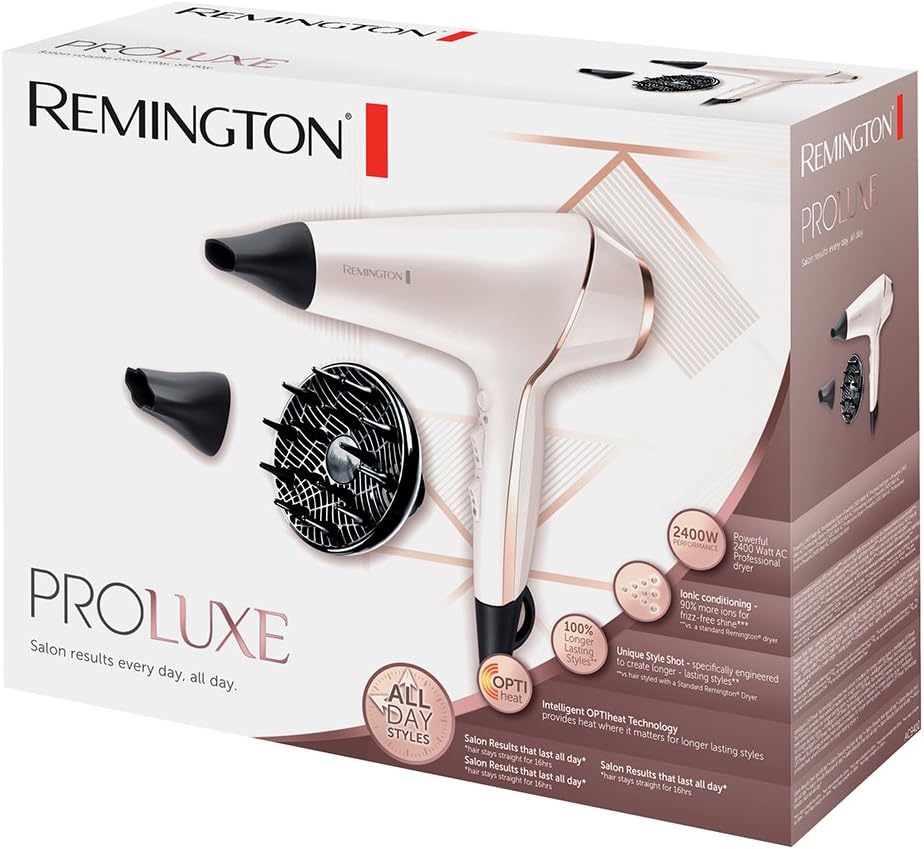 Remington - Sèche-cheveux PROluxe - 2400W, ionique, OptiHeat, 3 temp., 2 vitesses, 3 concentrateurs, diffuseur - AC9140