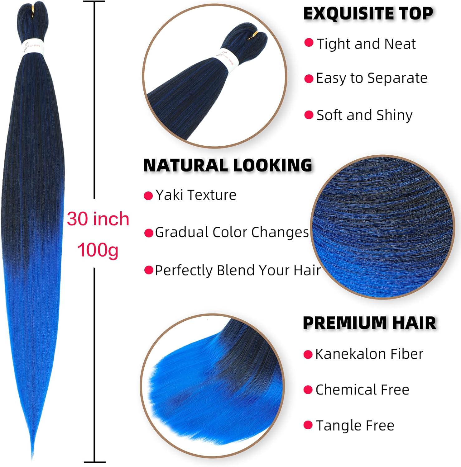 Rajout cheveux - tressés 30 pouces, ombré bleu, kanekalon, synthétique T1B/Blue#