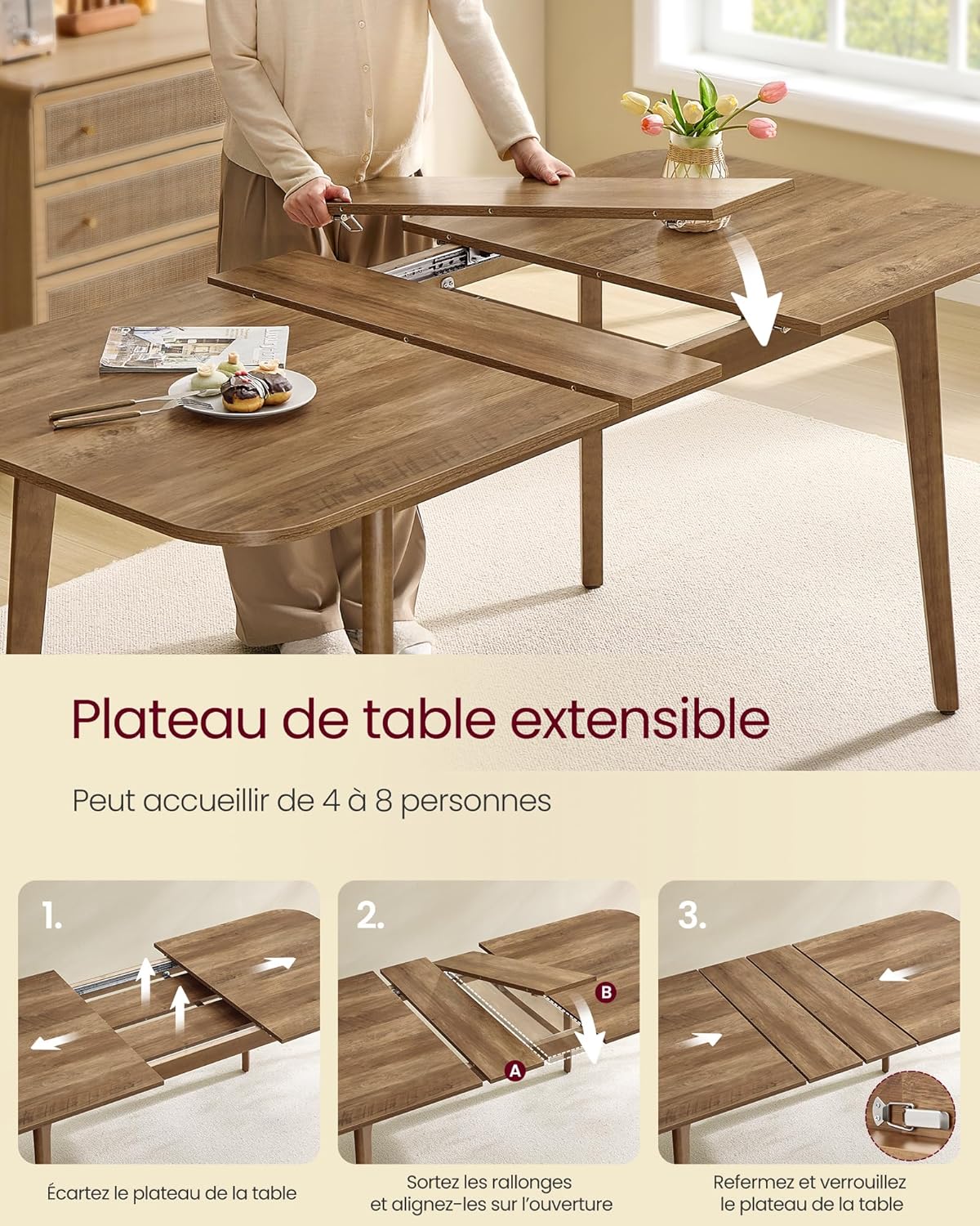 VASAGLE - Table extensible design épuré, 120kg, marron miel, KDT090K01