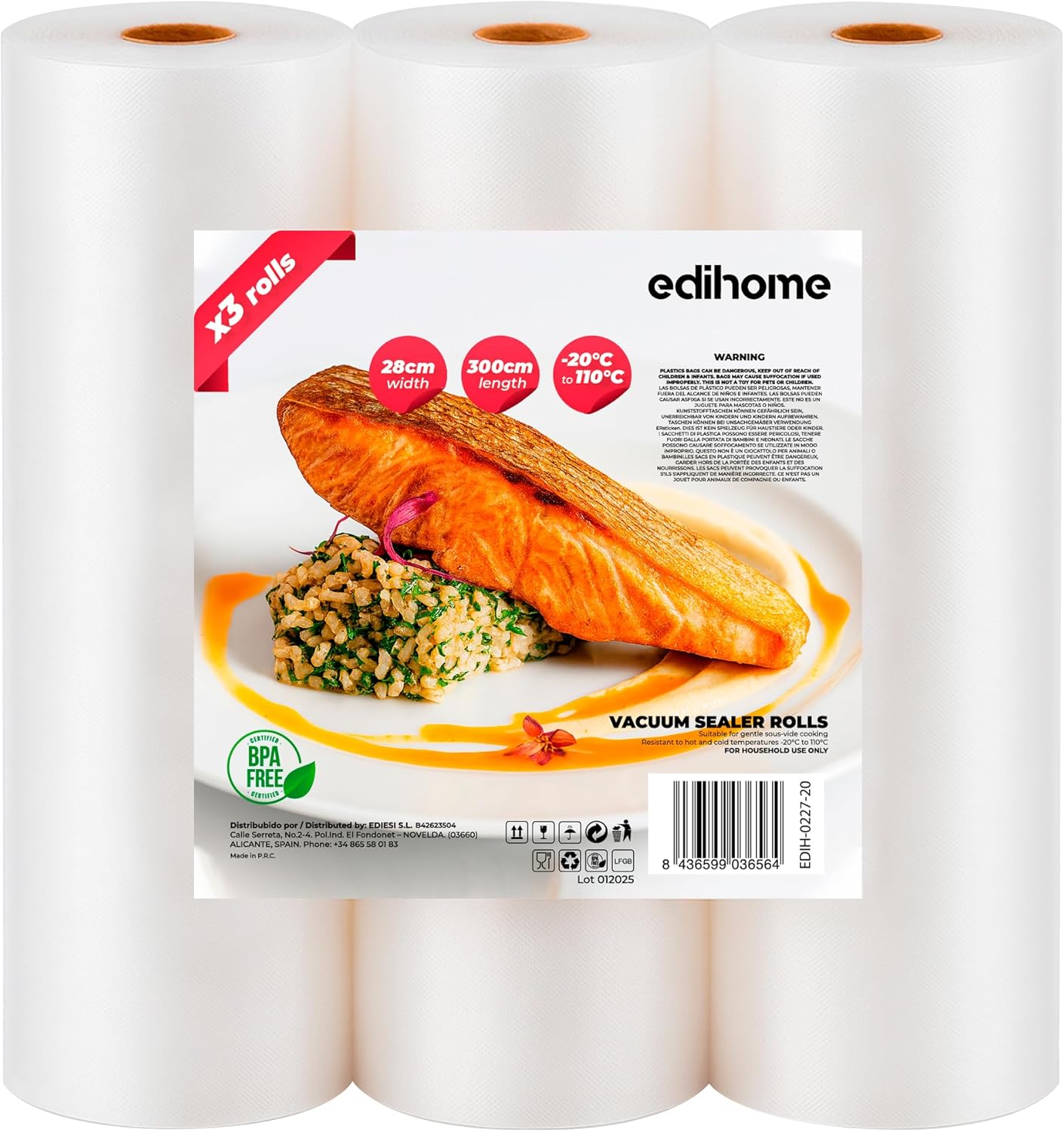 Edihome - Rouleaux sac sous vide - 28x300cm - sans BPA, lot de 3