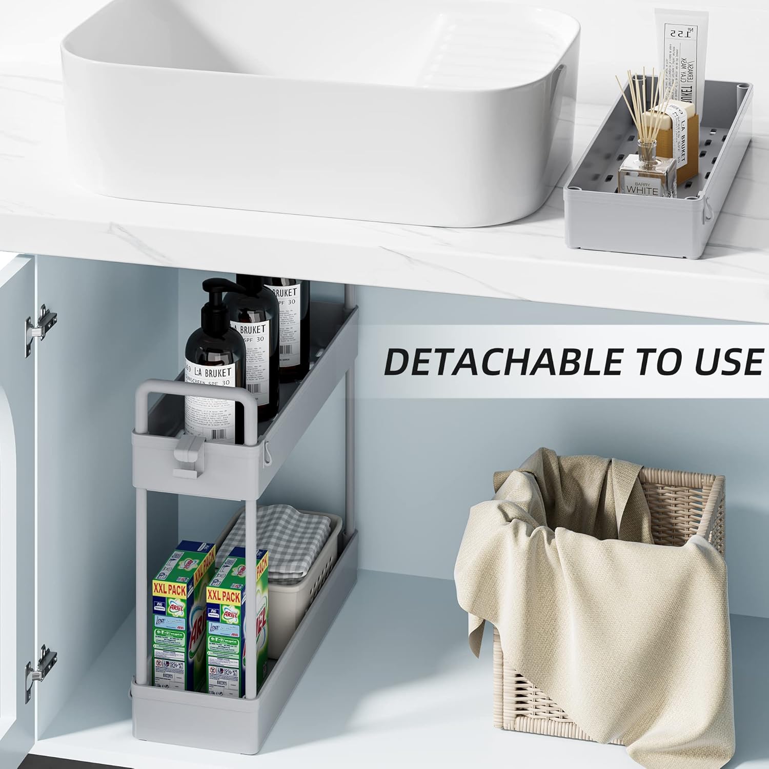 SOLEJAZZ - chariot 3 niveaux mobile gris - rangement compact cuisine, salle de bain