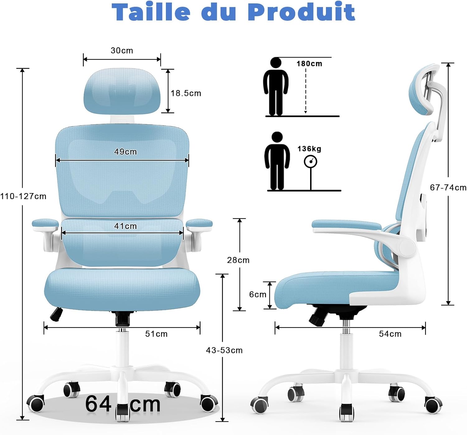 Chaise de bureau ergonomique - dossier, appui-tête réglables - soutien lombaire, accoudoirs pivotants, maille respirante