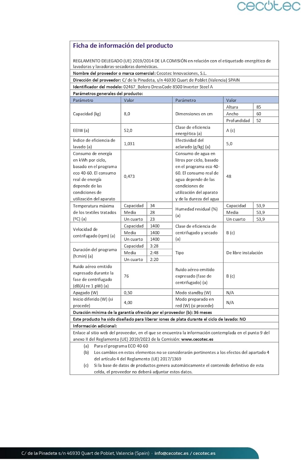 Cecotec - Bolero Dresscode 8500 - 8kg, 1400rpm, moteur Inverter, 16 programmes