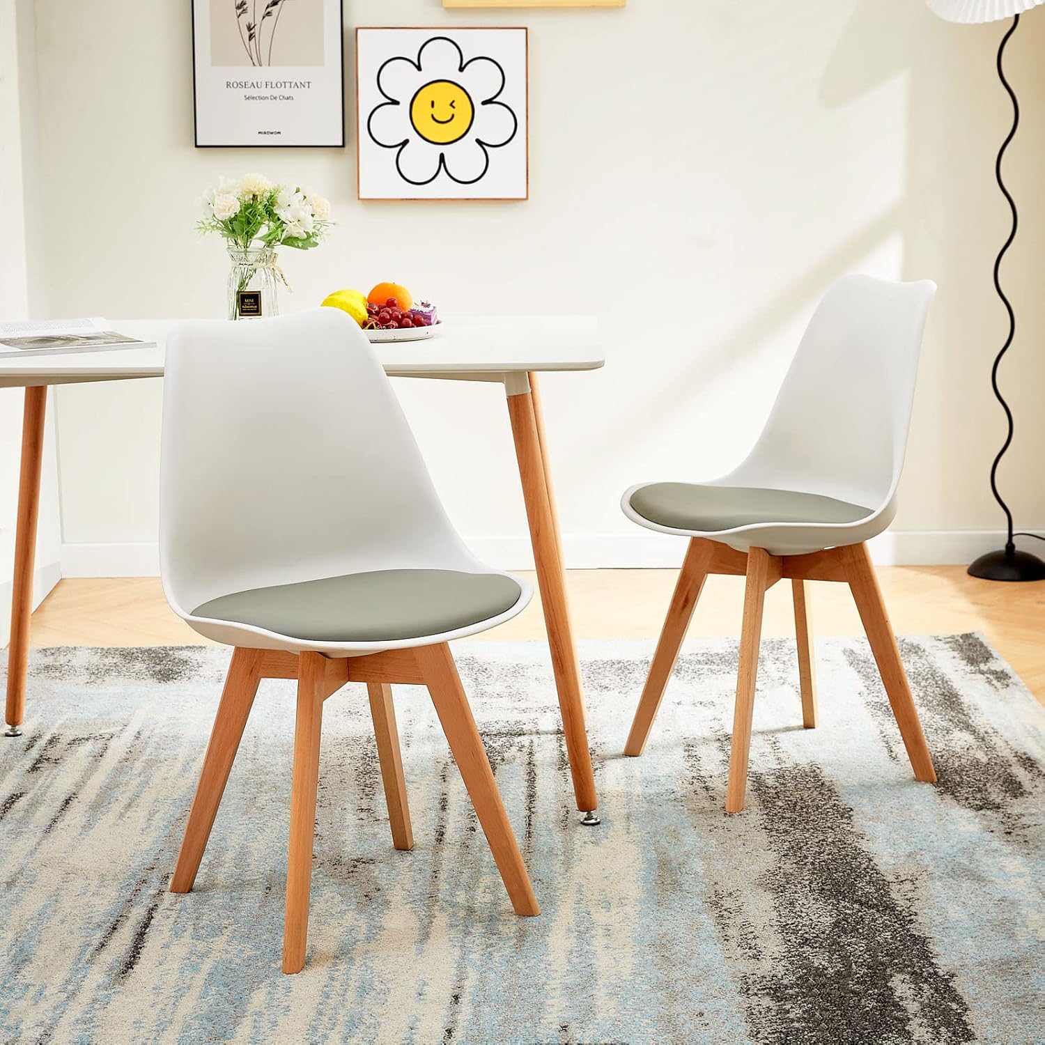 EGGREE - Lot de 4 chaises - bois hêtre, coussin PU, blanc/gris, design scandinave