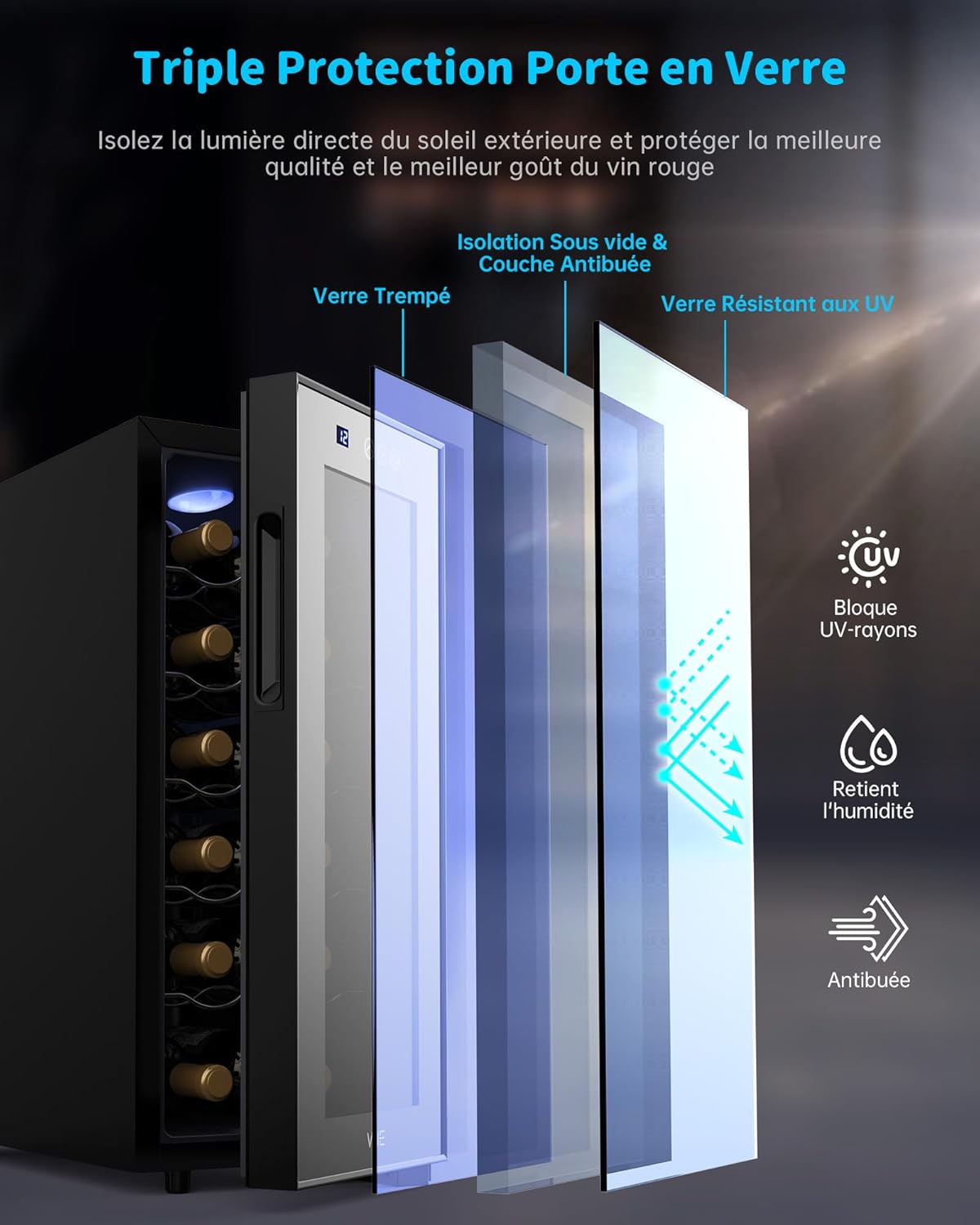 WIE - Cave à vin Mini - 33L - 12 bouteilles, miroir, LED, écran tactile