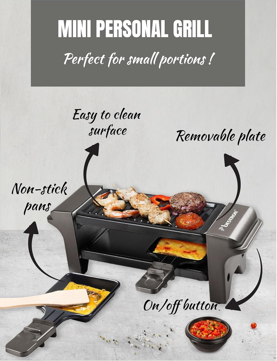 Bestron - Mini raclette/grill 350W - 2 poêlons, antiadhésif, compact