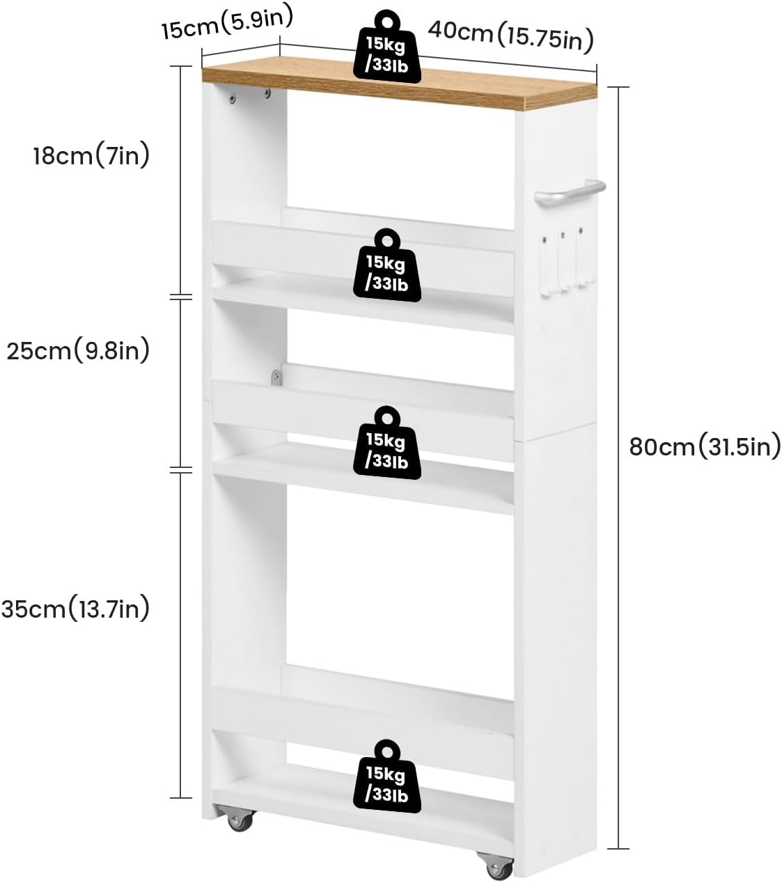Desserte à roulettes - 4 niveaux, 40x15x80 cm, chêne clair & blanc, poignée et roulettes