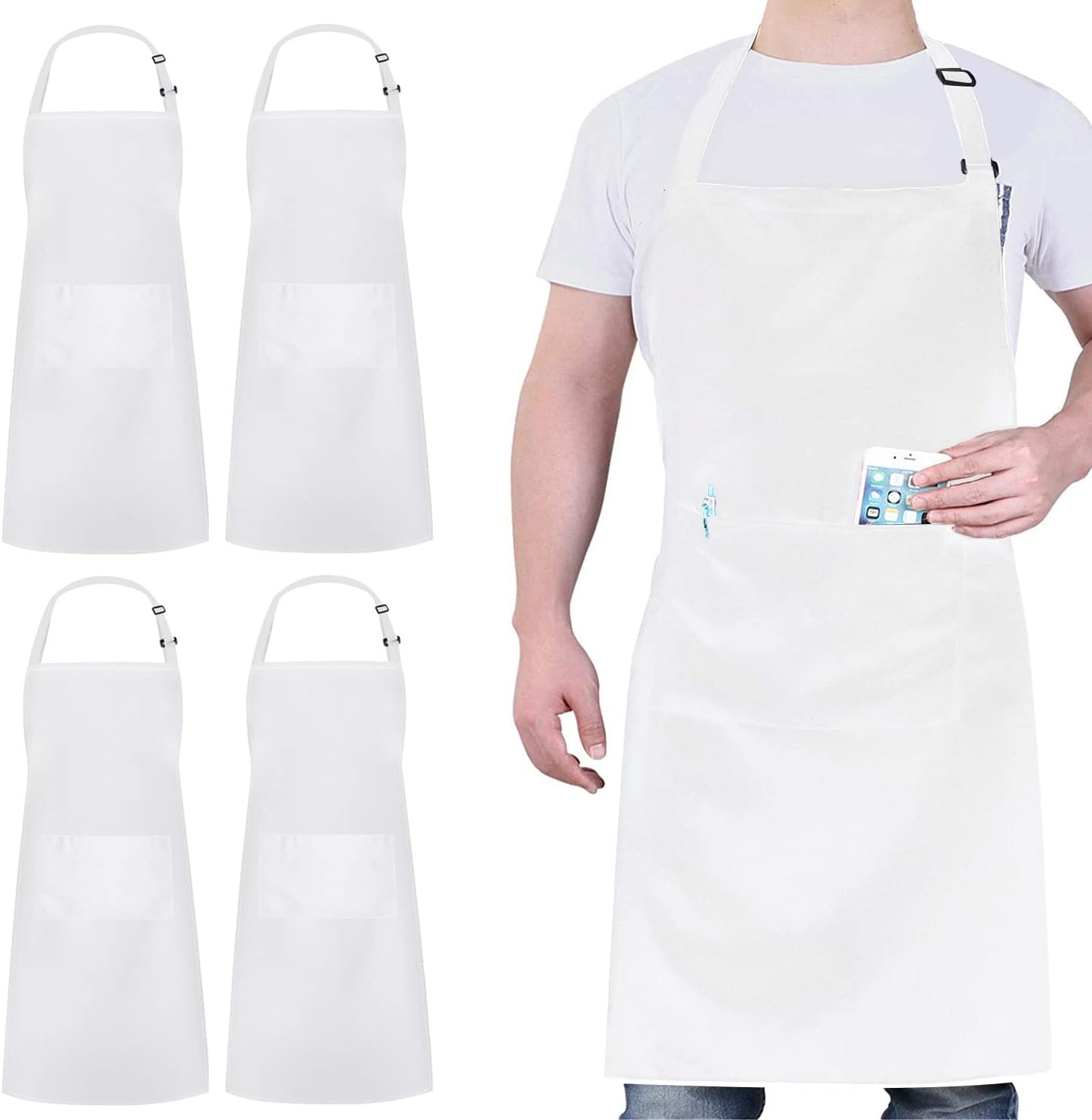 atopo - tablier chef réglable, 2 poches, étanche, blanc, lot de 4