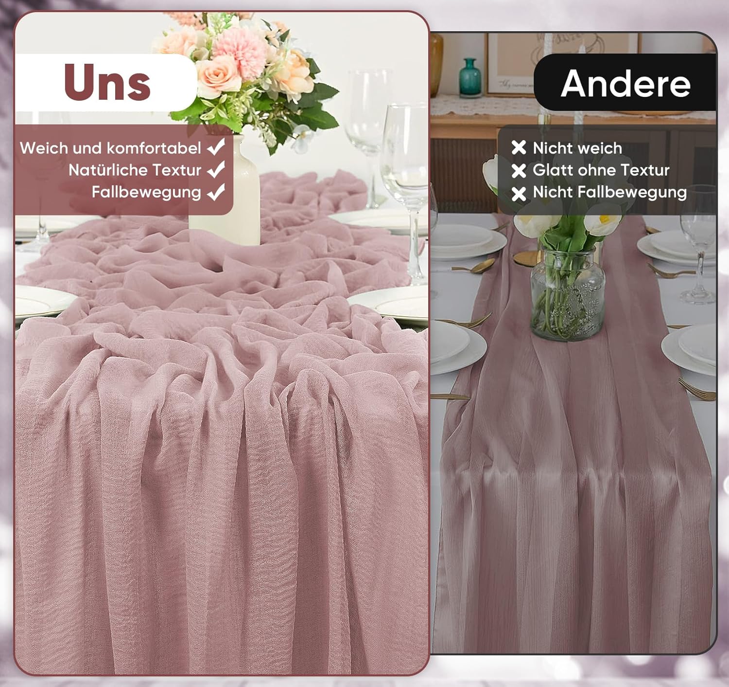 Chemin de table - étamine, 80x300cm, rose pâle, style bohème, synthétique