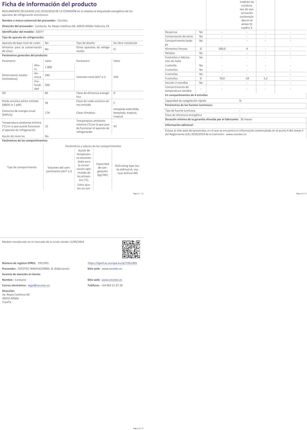 Cecotec - Bolero CoolMarket Combi 250 - Combiné 250L, No Frost, distributeur d'eau, LED, porte réversible, D. Inverter P
