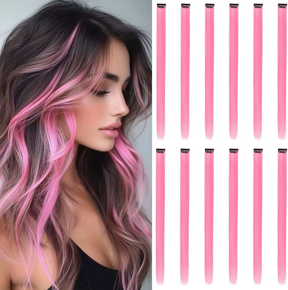 Extensions de cheveux colorés - 12 pièces - clipser - mèches roses