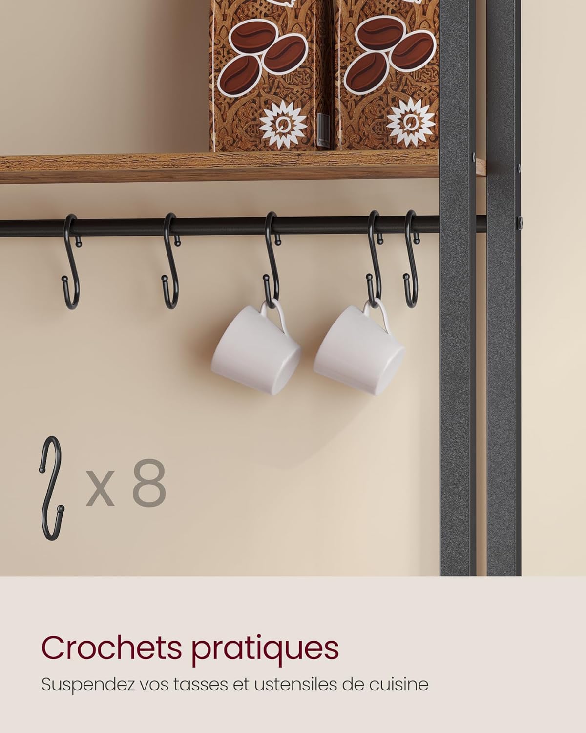 VASAGLE - étagère cuisine série KKS - 40x60x170 cm - avec multiprise, 8 crochets, plan 90 cm, marron/noir KKS058K02