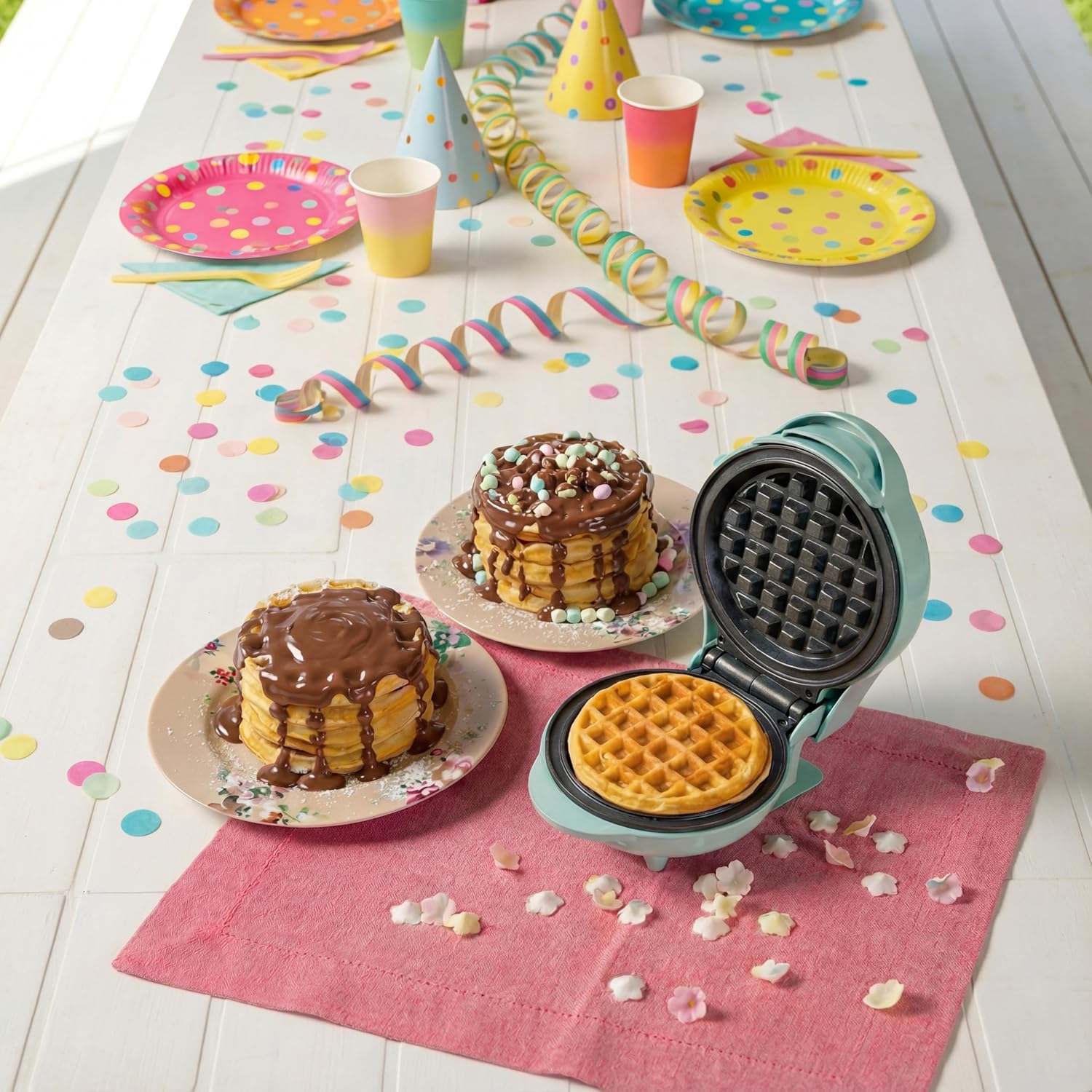 Bestron Mini gaufrier pour gaufres classiques, Petit gaufrier avec revêtement anti-adhésif, pour les anniversaires d'enfants, les fêtes de famille, Pâques ou Noël, Design: rétro, Couleur: menthe