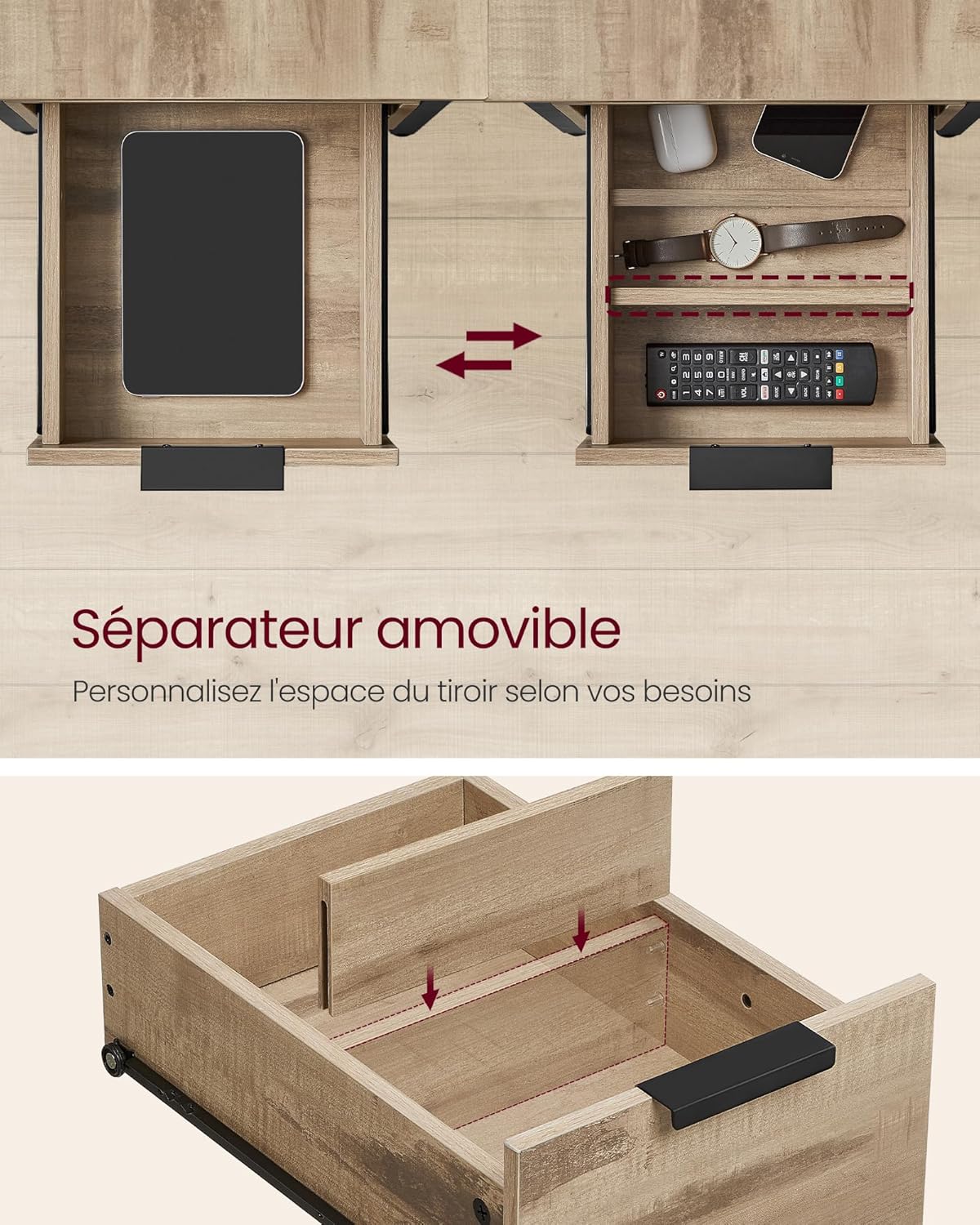 VASAGLE - table d’appoint, 2 tiroirs, multiprise, rangement, 35x30x60 cm, LET325K01