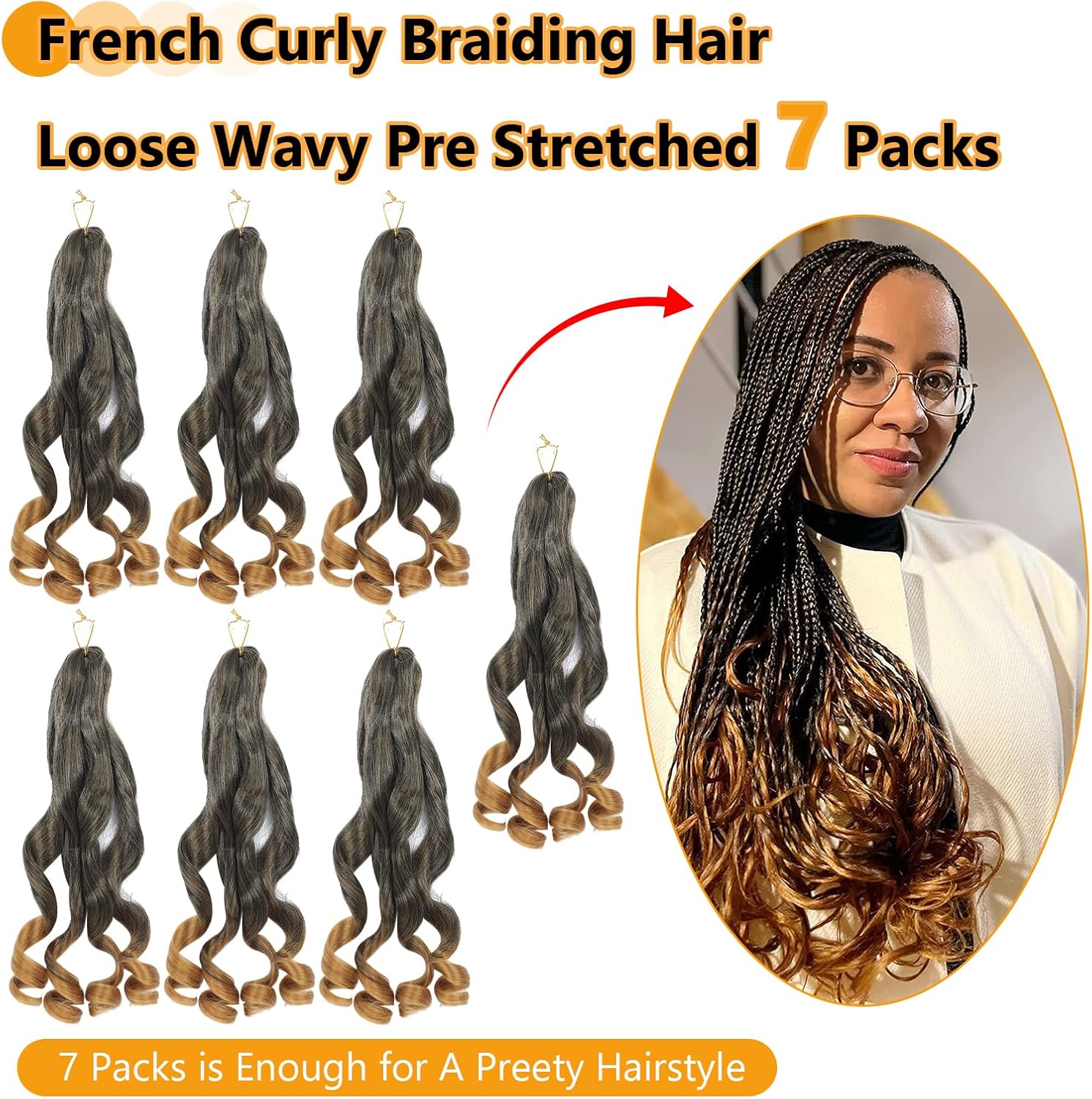 French Curl Braids - rajout cheveux tresses 56cm - 8 paquets, boucles wavy, 1B/27