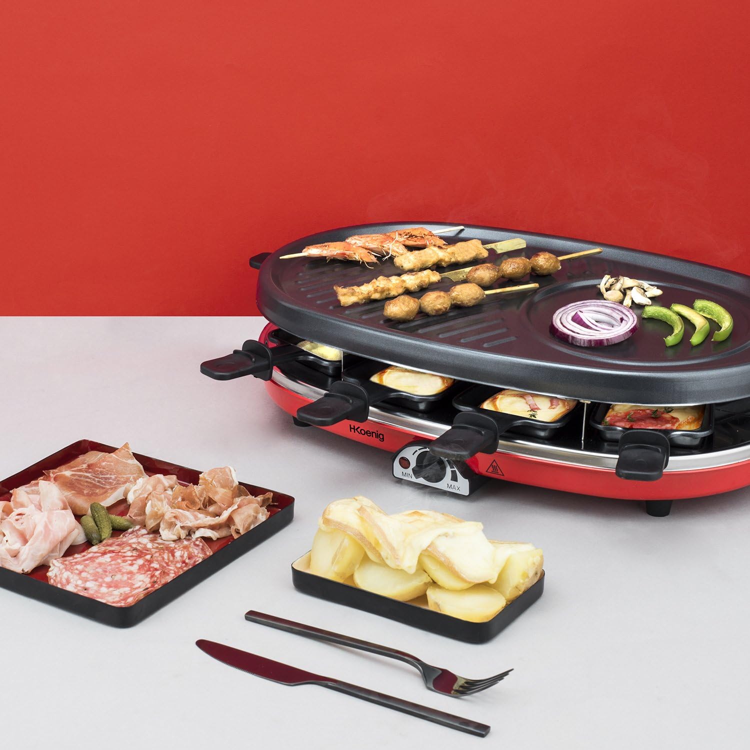 H.Koenig - appareil à raclette 4en1, 8 personnes, pierre naturelle, température réglable, RP418