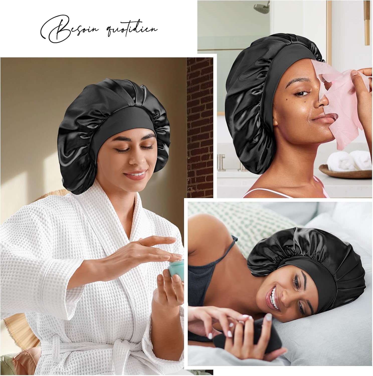 Umisleep - Bonnet nuit soie 22 Momme - grande taille - double couche, large bande, ultra-doux, noir/violet