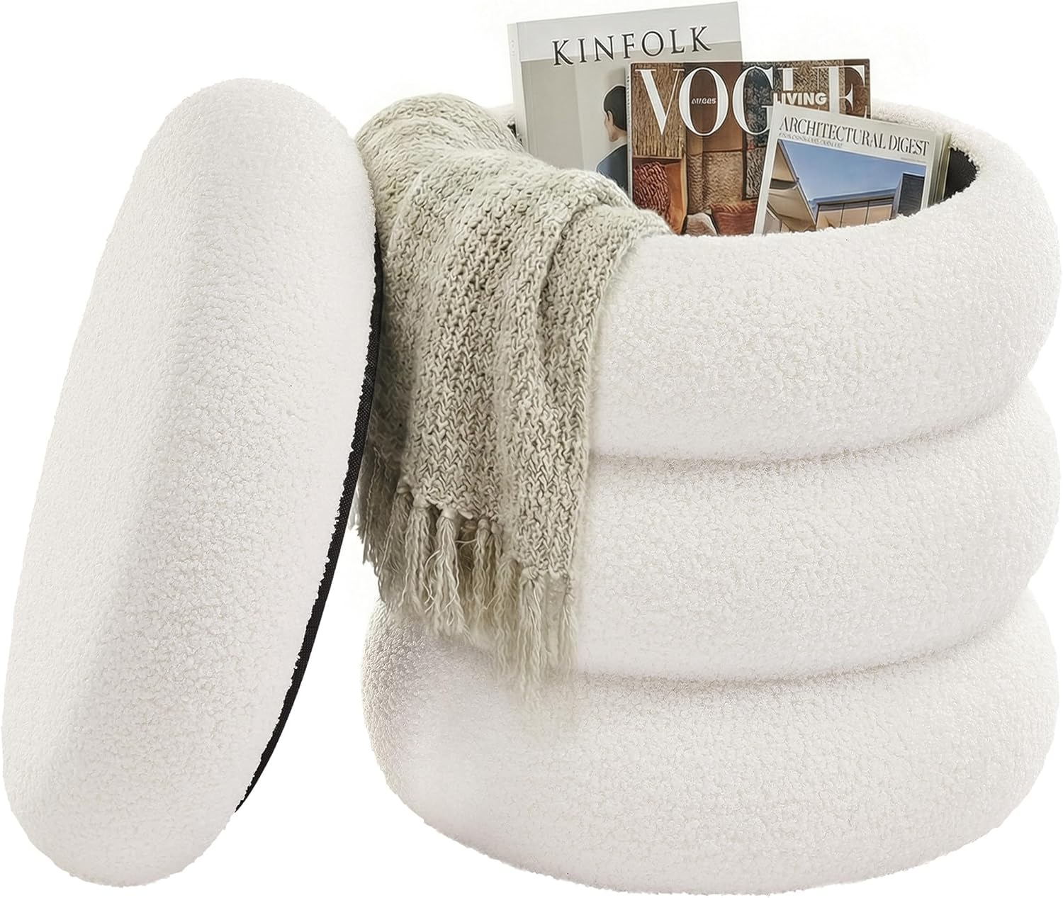 SONGMICS - pouf rond Teddy, 43x47 cm, rangement, blanc, LOM015WD01