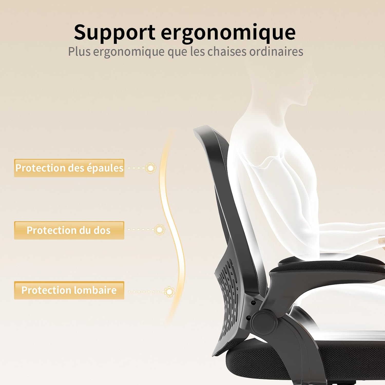Naspaluro - chaise de bureau ergonome - accoudoirs réversibles, soutien lombaire, maille respirante, hauteur réglable
