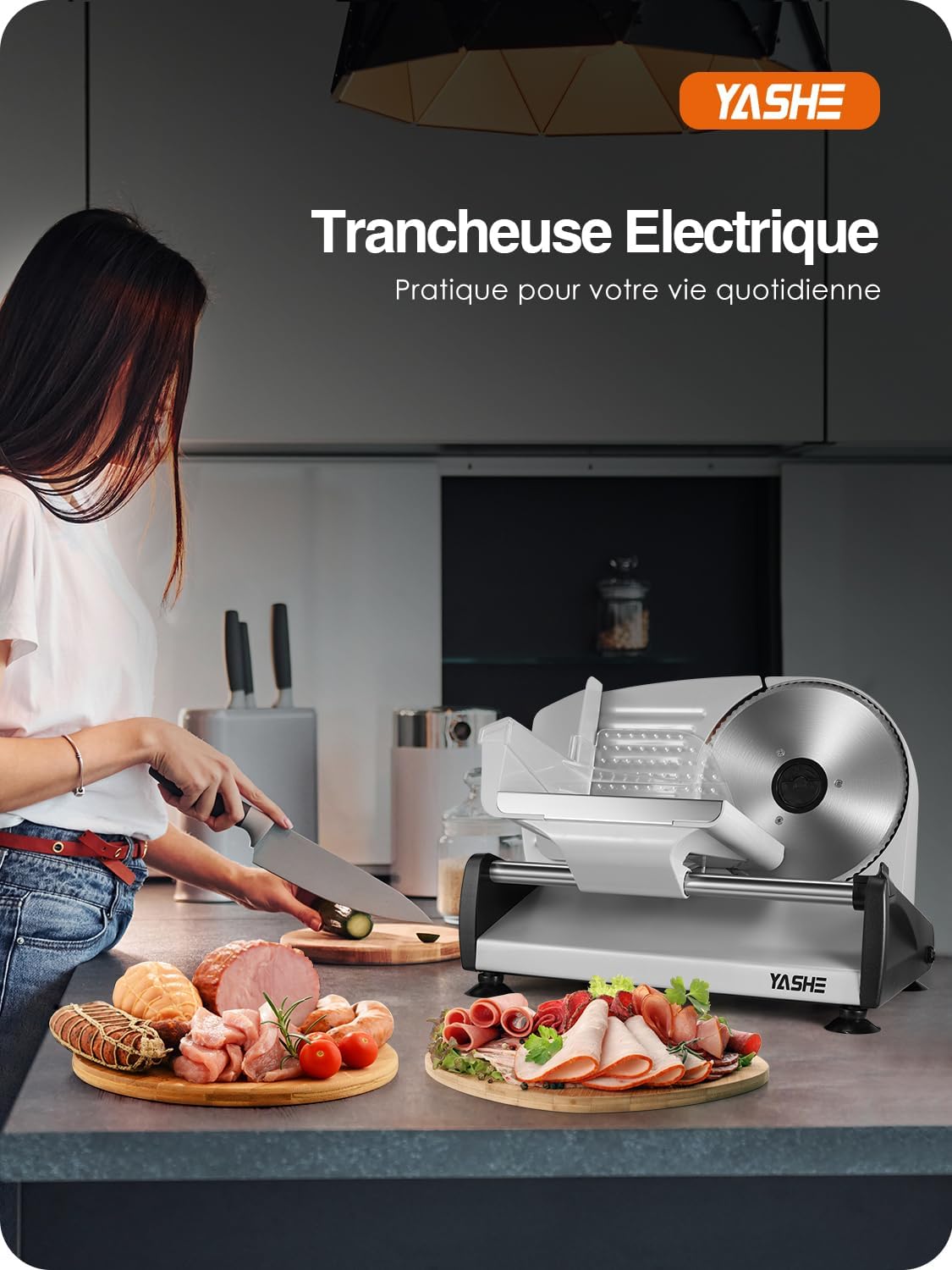 YASHE - trancheuse série SL-518 - 19cm, 250W, épaisseur réglable, sécurité, SL-518