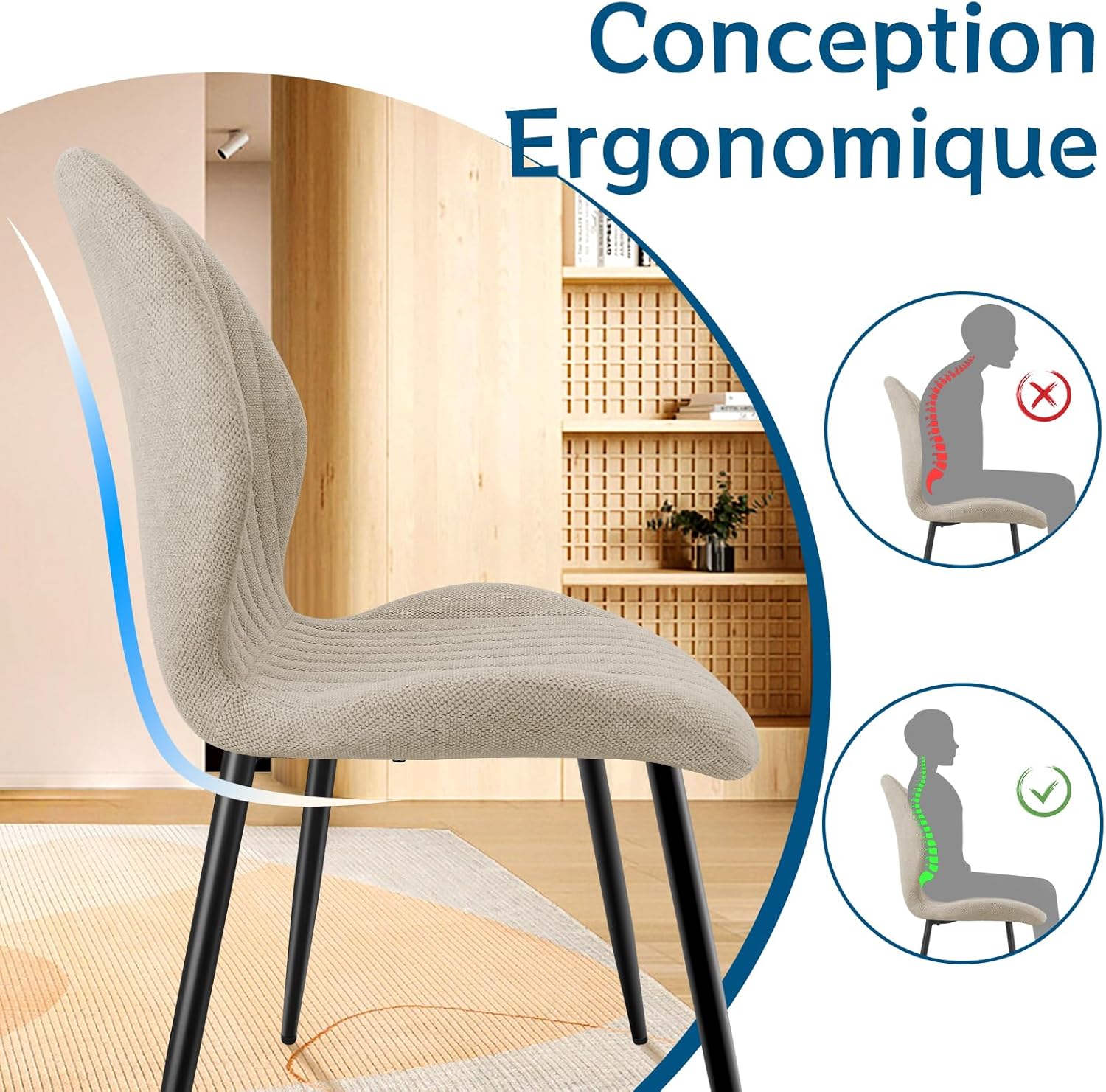 Chaises de salle à manger - tissu gris brun, pieds métal, lot de 2