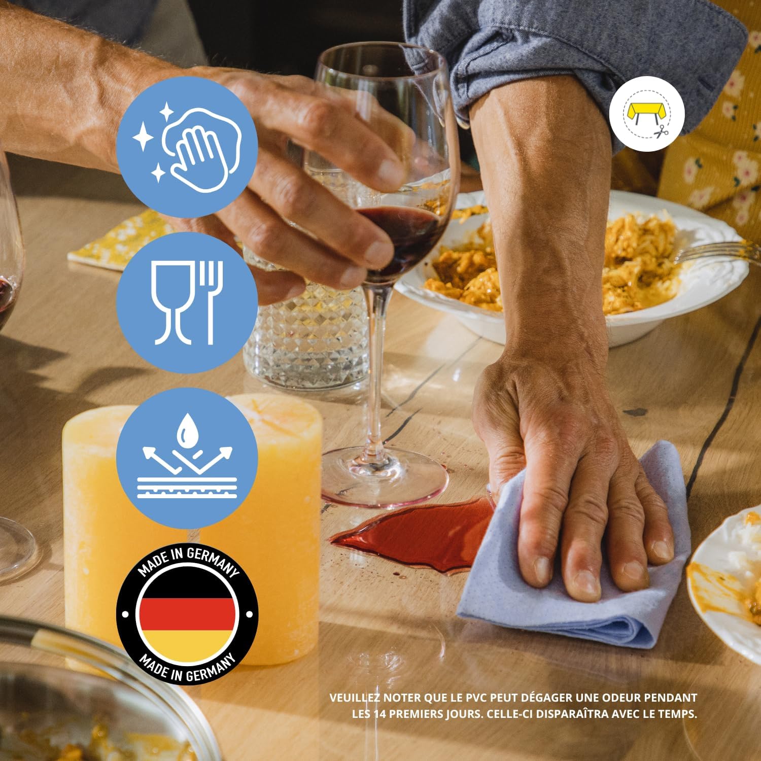 Nappe ronde transparente - 170 cm Ø - 2mm épais, bords inclinés, anti-tache, usage intérieur/extérieur