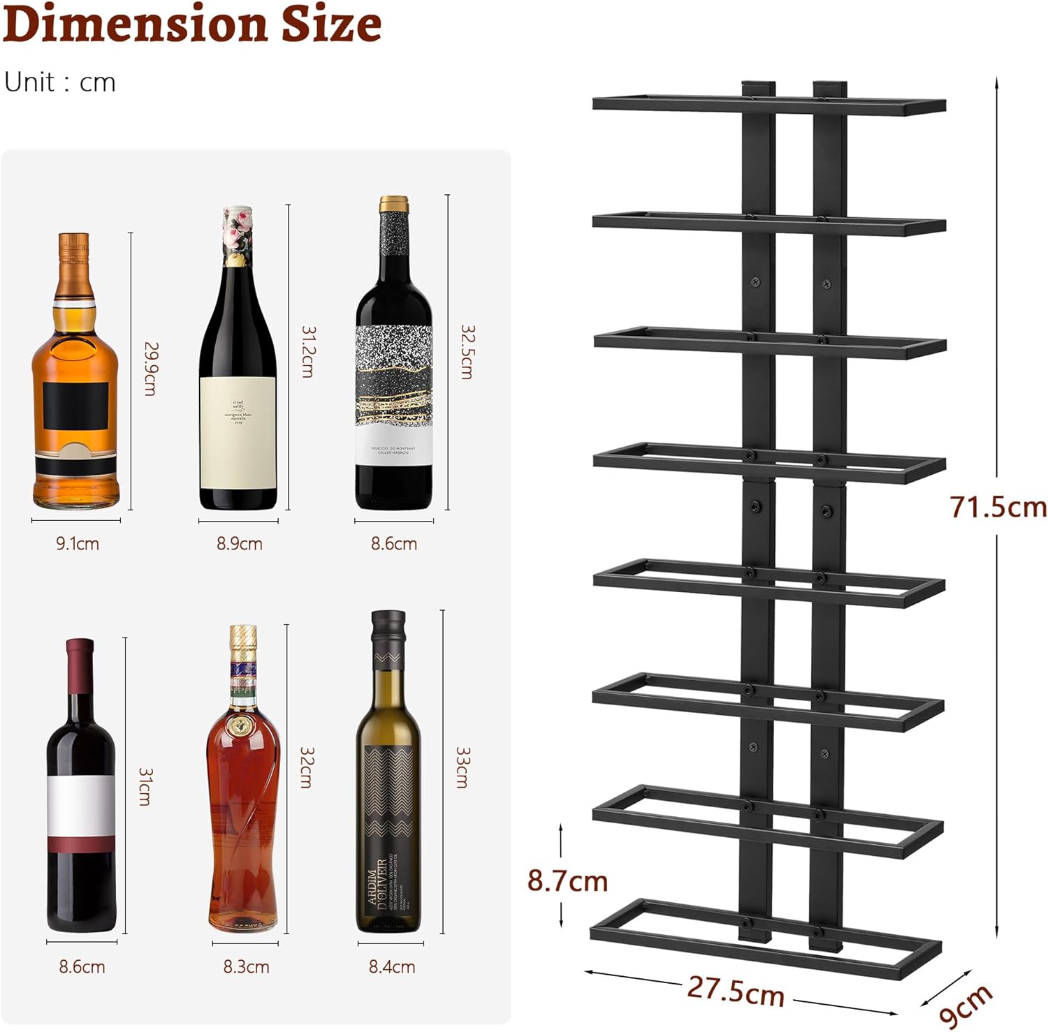 FAVOOSTY - Porte-bouteilles mural 8 niveaux métal, noire, rangement compact