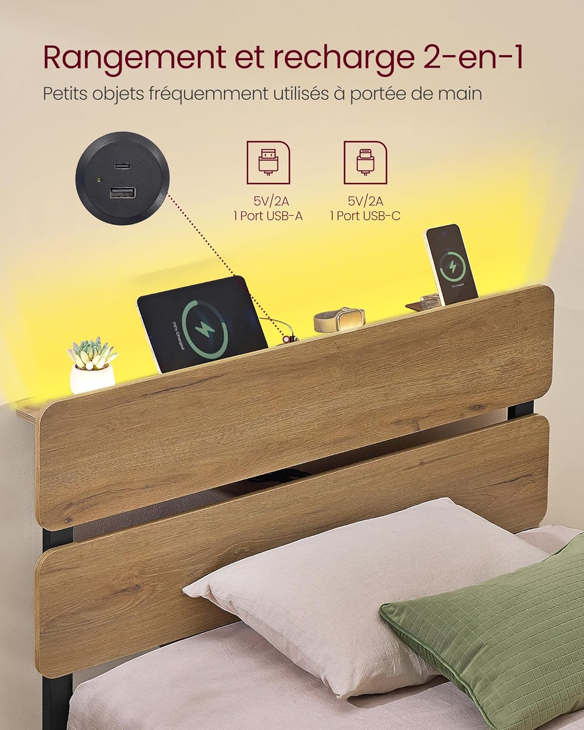 VASAGLE - lit 1 personne - 90x190 cm - LED, USB/Type-C, rangement, style industriel, RMB101K01