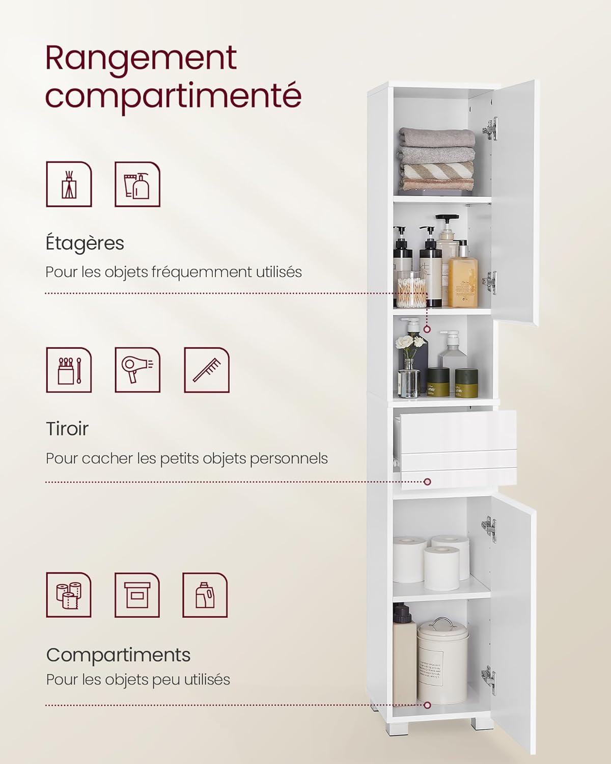 VASAGLE - armoire de salle de bain - 30x30x170 cm - tiroir, étagères réglables, compartiments - BBC560P31