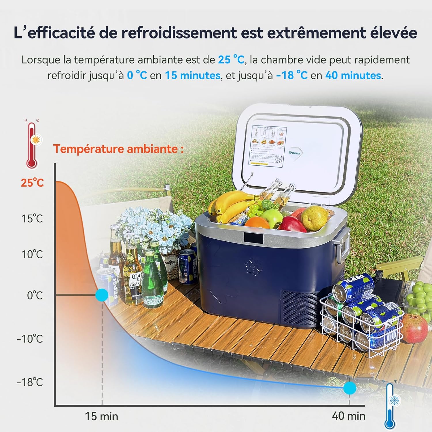 BINGI - Glacière Électrique 18L - Compacte, -18°C à +20°C, à compression